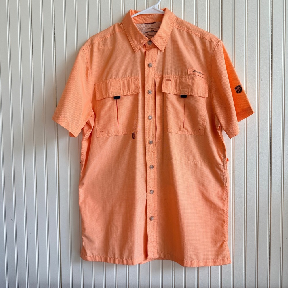 Eddie Bauer Mens Orange Check Short Sleeve Fishing Shirt Classic Fit‎ L
